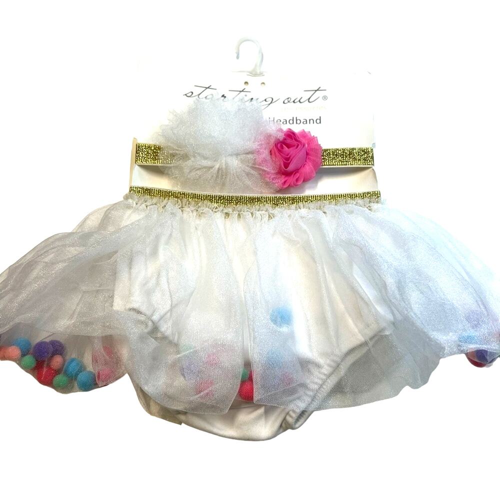 Starting Out Diaper Cover & Headband, Pom Pom Accents & Gold Details, NWT!